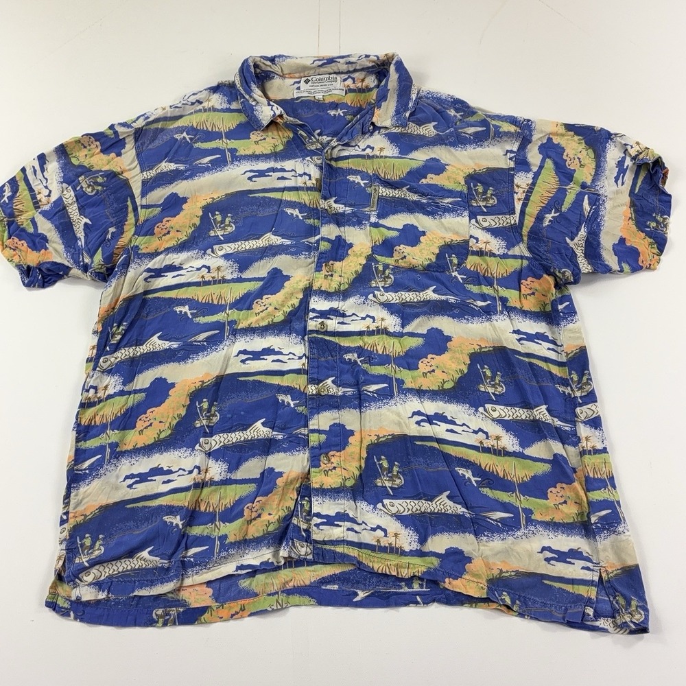 Vintage Columbia Shirt Mens Large Tarpon Fishing Short Sleeve Button Hawaiian